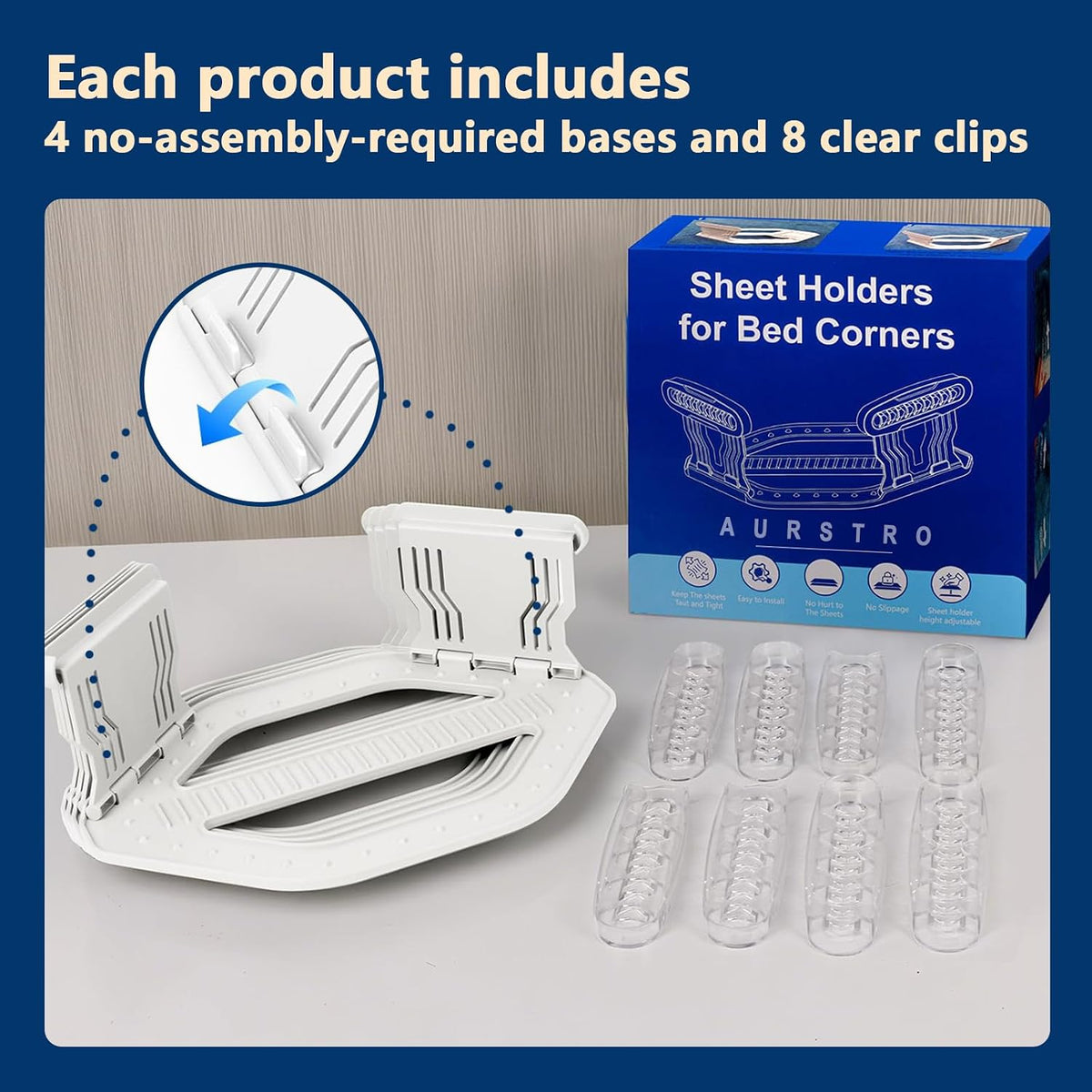 Bed Sheet Holders for Corners [4-Pack], No Mattress Lifting Fitted Sheet Clips, Upgraded Sheet Grippers Corner Locks with Wave-Clamps, Secure Fasteners Keep Bedding in Place - White