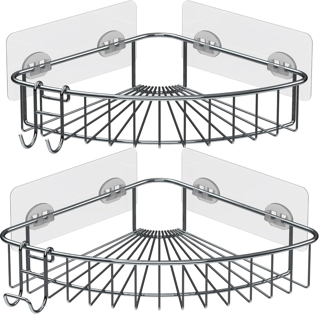 Shower Shelf for Inside Shower, Shower Shelf Corner, Shower Corner Caddy, Adhesive Shower Caddy, Shower Wall Caddy, Stainless Steel Shower Caddy Suction No Drill 2 Pack Silver