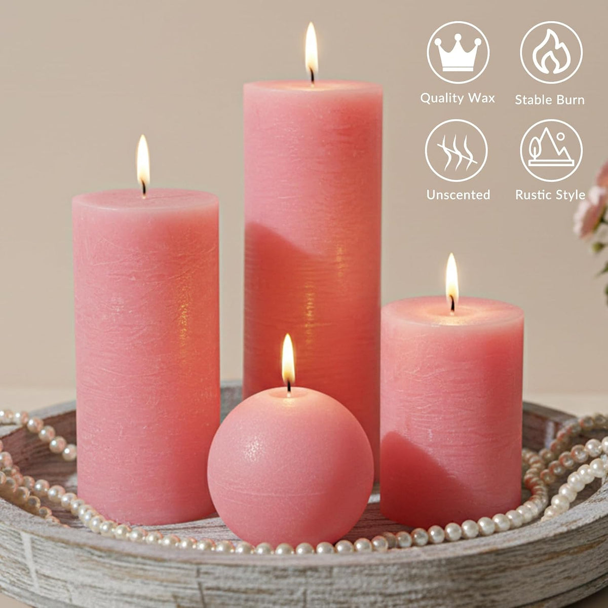 Pink Textured Pillar Candles Set - 4 Pcs Assorted Sizes Rustic Unscented Pillar Candle, Decorative Farmhouse Candles for Home Centerpiece Decor, Holiday Dinner Table, Dripless & Smokeless