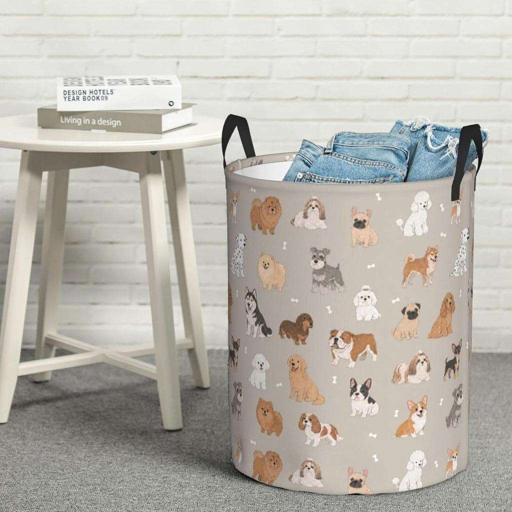 Cute Dog Animals Beige Round Laundry Hamper Storage Basket Toys Clothes Organizer Bin For Home Bathroom Bedroom Dorm Nursery, 62l
