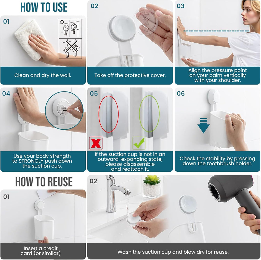TAILI Suction Cup Toothbrush Holders for Bathroom Wall 2Pack, White