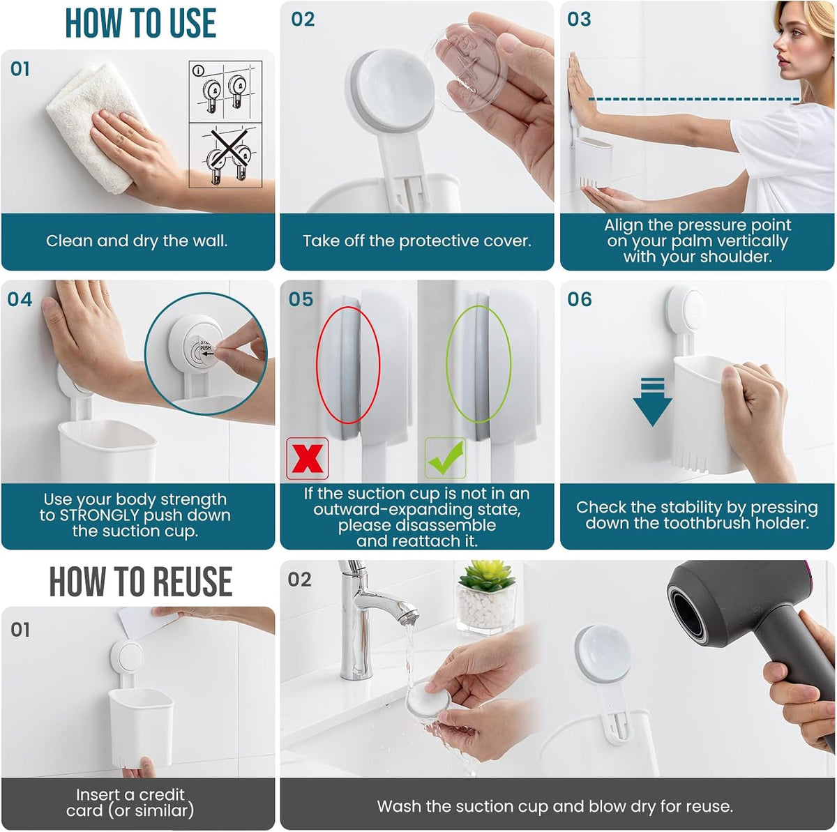 TAILI Suction Cup Toothbrush Holders for Bathroom Wall 2Pack, White