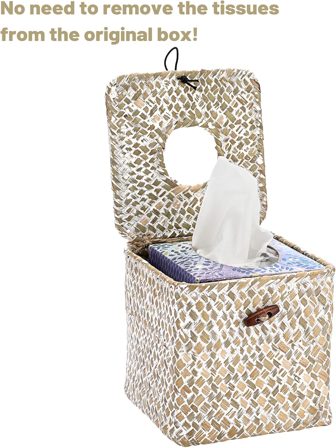 Sumnacon Tissue Box Cover Square Seagrass Woven Tissue Box Holder with Lid