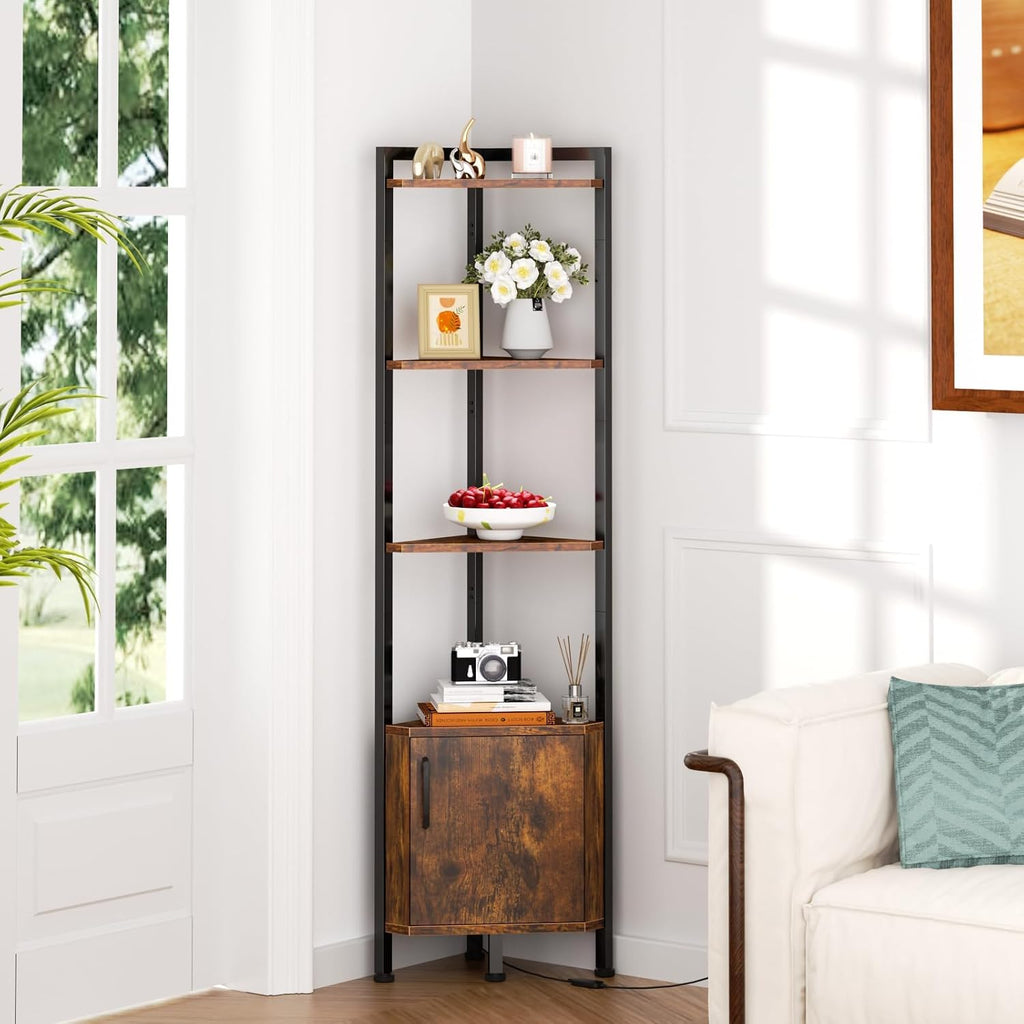 Furnulem Corner Shelf Cabinet,Corner Bookshelf with Storage and LED Light
