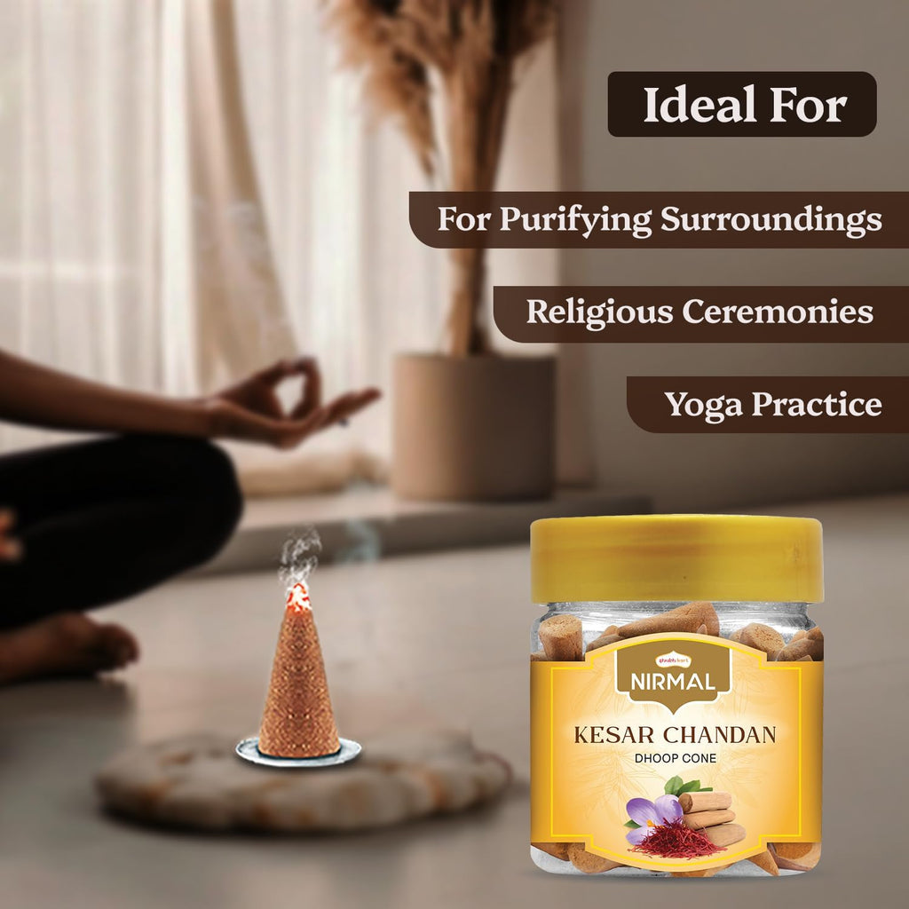 Shubhkart Premium Kesar Chandan (Saffron Sandalwood) Dhoop Cones – 60 Count Box. Charcoal-Free Rich Aromatic Incense for Divine Puja, Deep Meditation & Healing Vibes