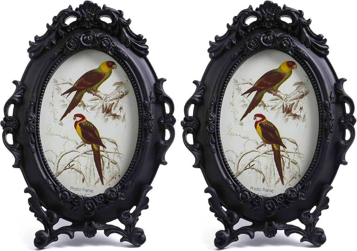 SIKOO Ornate Picture Frame 4x6 Antique Frames Vintage Frames Tabletop and Wall Mount Oval picture Frame, Victorian Home Decor, Black (Pack of 2)