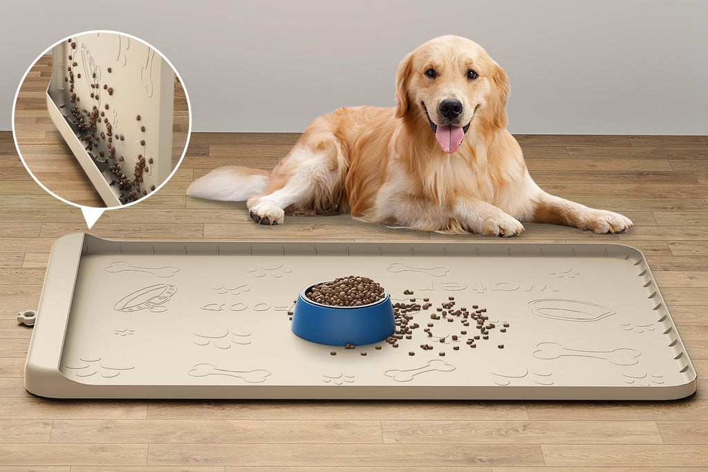 Silicone Dog Feeding Mat - 36" x 24" Large Pet Mat with Residue Collection Pocket and High Edges - Waterproof Mat for Dog and Cat Bowls