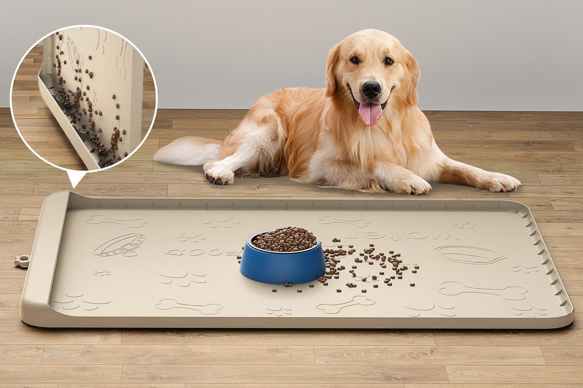 Silicone Dog Feeding Mat - 36" x 24" Large Pet Mat with Residue Collection Pocket and High Edges - Waterproof Mat for Dog and Cat Bowls