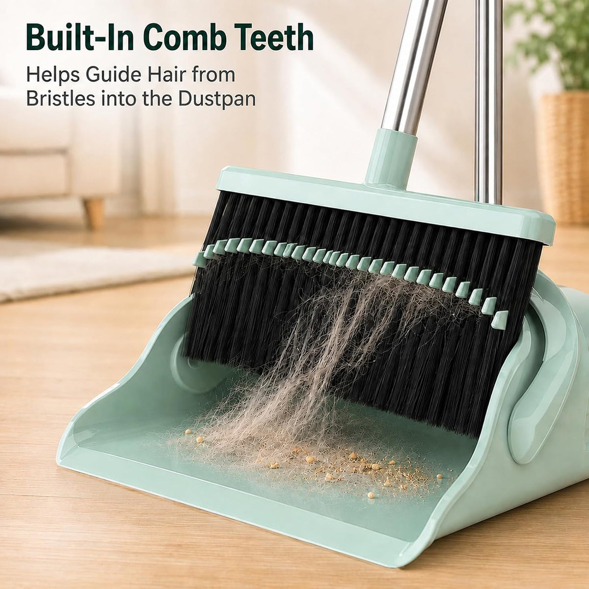 Broom and Dustpan Set, 52-Inch Adjustable Long Handle with Self-Cleaning Comb Teeth, Flexible TPR Lip and Foot-Assisted Fold-Up Dustpan for Pet Hair, Dust, Crumbs and Hard Floors, Green