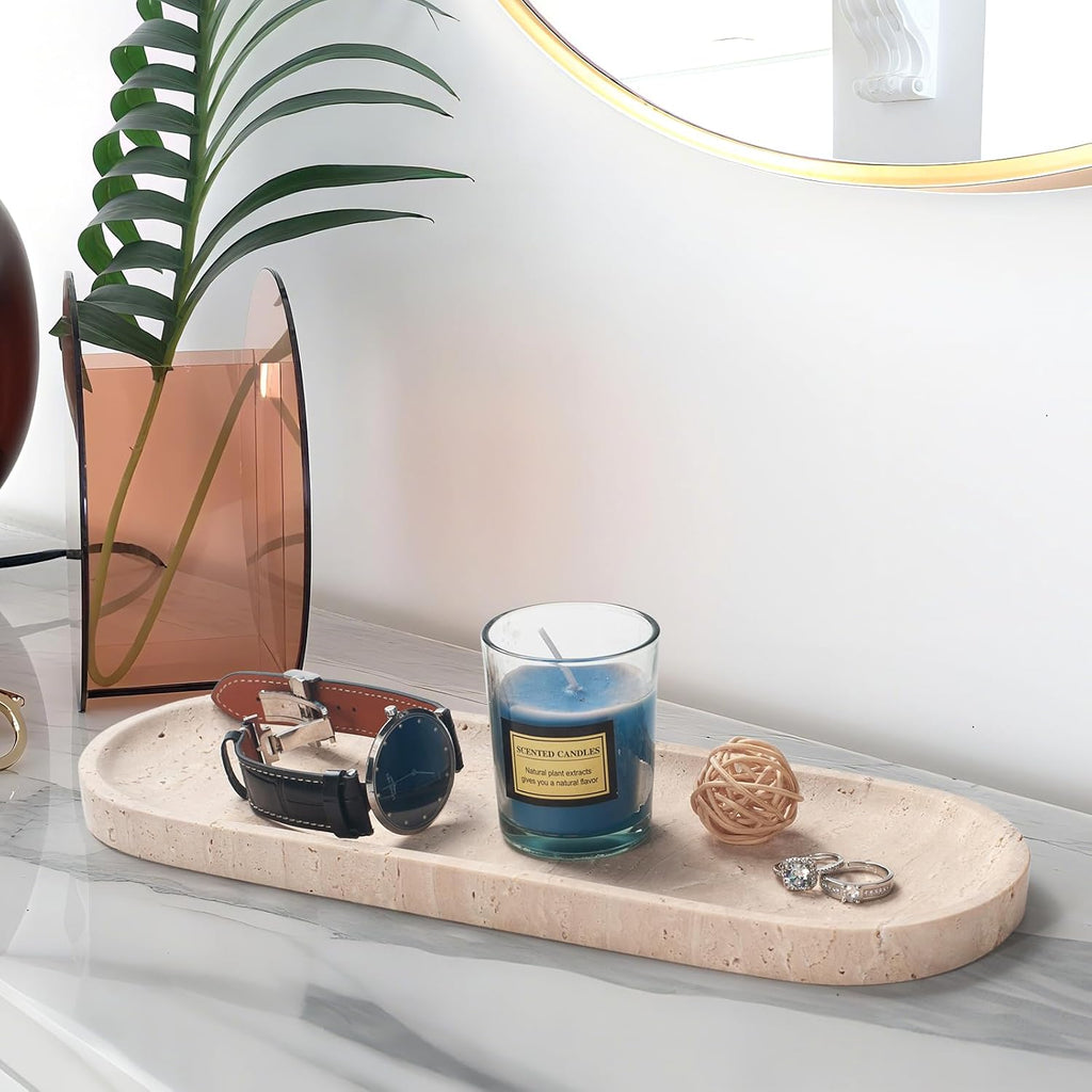 Oval Travertine Stone Tray for Jewelry, Candles, Perfume, Decorative Marble Bathroom Tray for Countertop Organizer 11.8inch x 6inch x 0.7inch