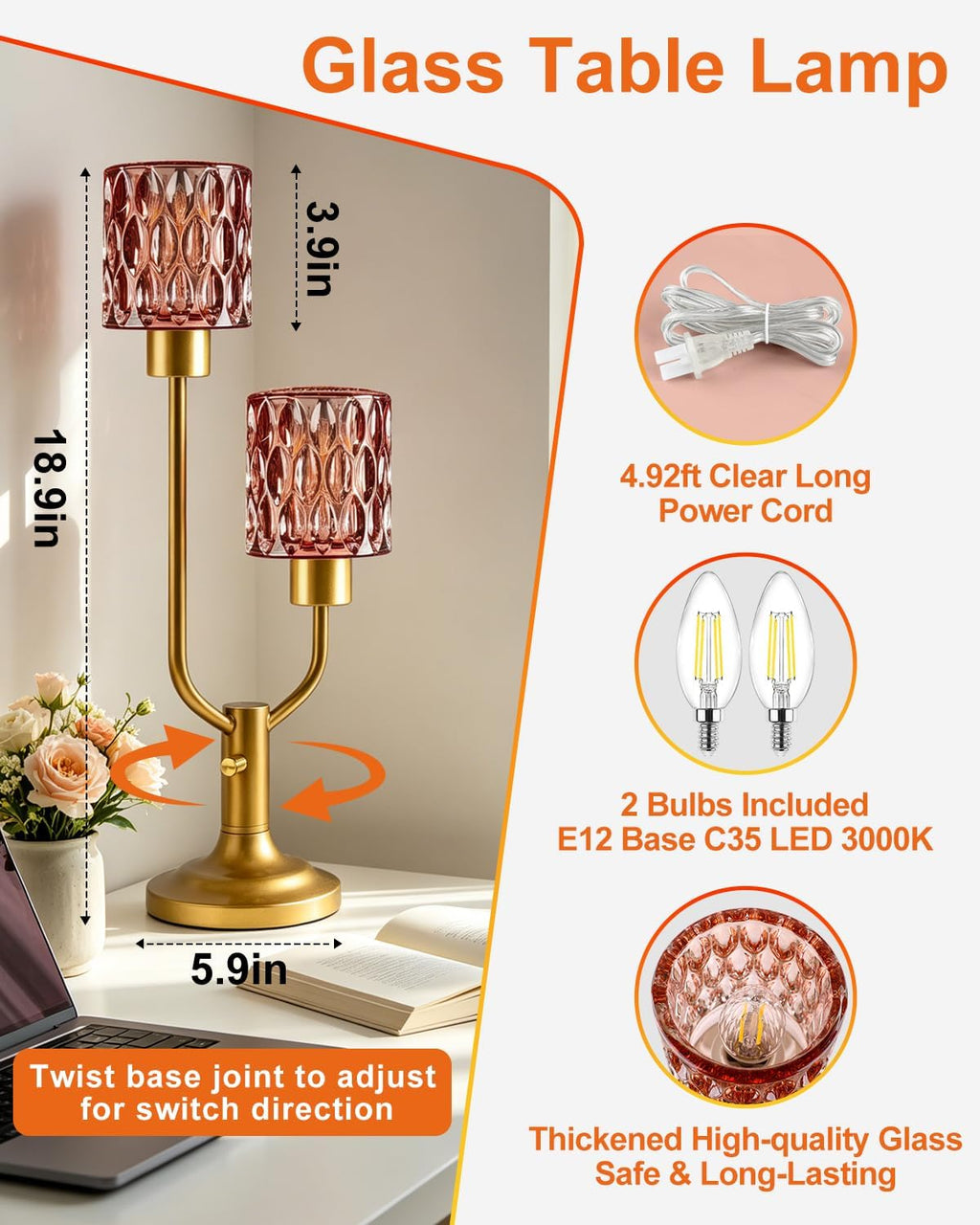 Lightdot Mid Century Modern Table LampVintage Lamp Red Glass Gift Dimmable