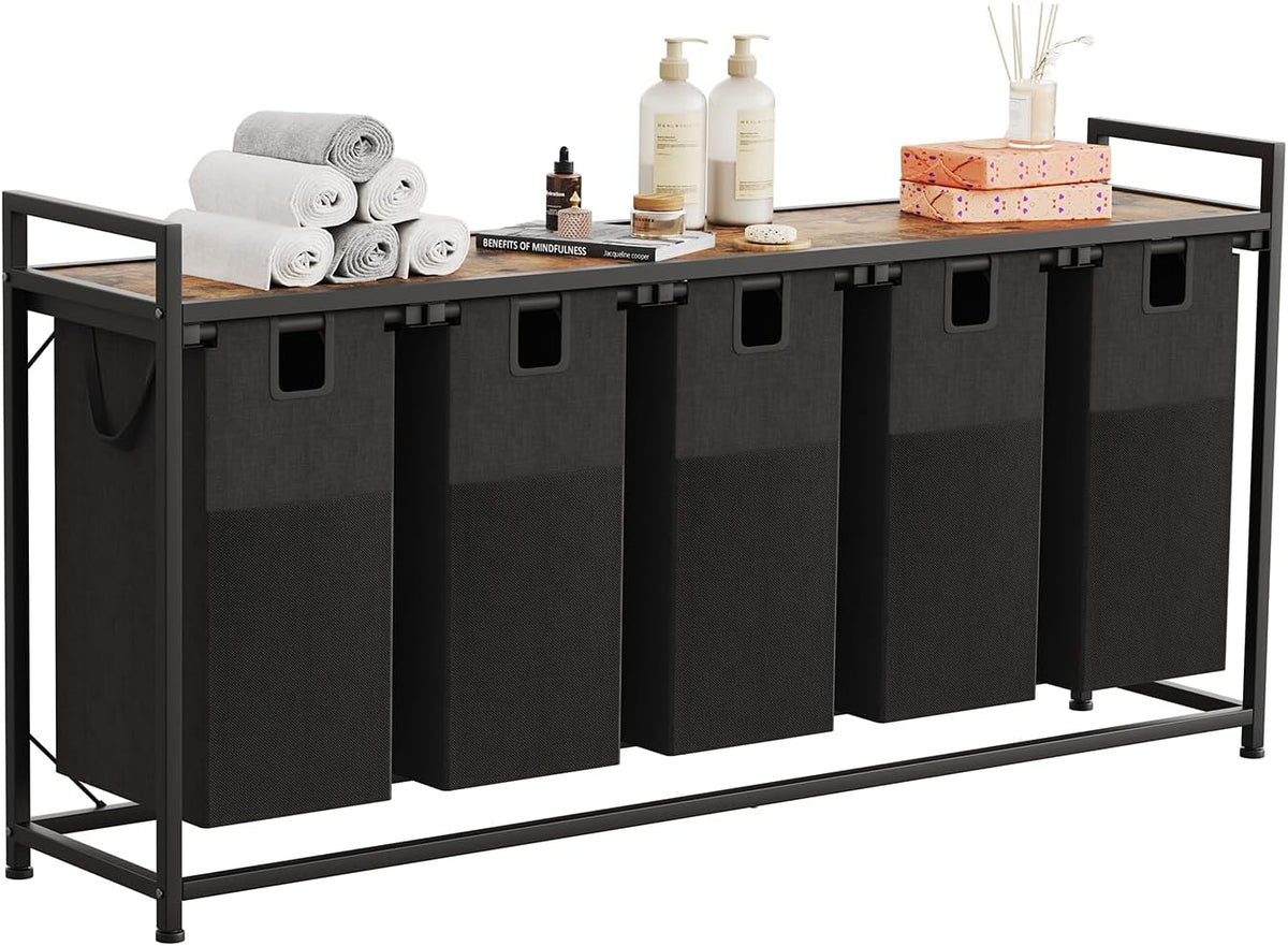 5 Bin Laundry Hamper w/Folding Table, Laundry Basket w/Removable Bags