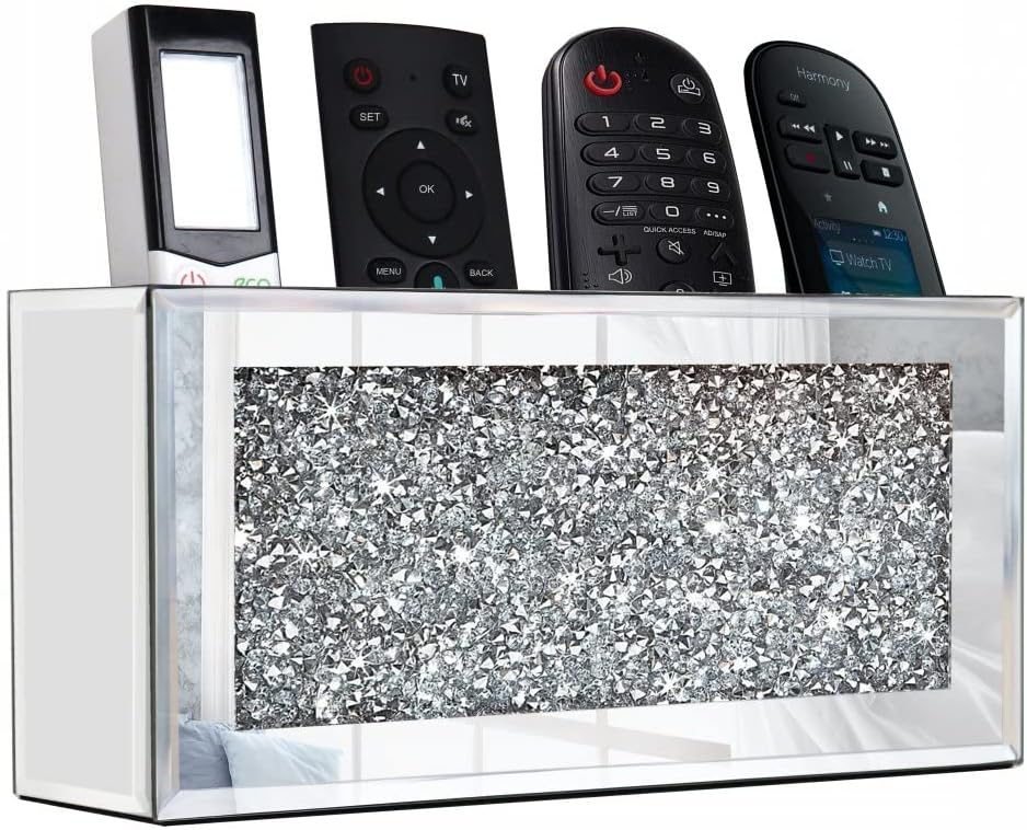 Mirrored Remote Holder, Wall Mounted Crush Diamond Bling Decoration Organizer Storage Box for Remote Phone Pad Wallet Notebook (8.3"×2.5"×4" For 3 or 4 Remote Controls)