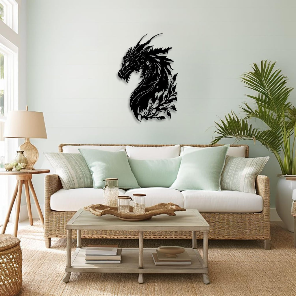 LIYOUYA Dragon Metal Wall Decor - Man Cave Decor Fantasy Room Decor Flower Wall Art Home Decor for Living Room, Bedroom, Office,Courtyard, Patio, Outdoor (Black)