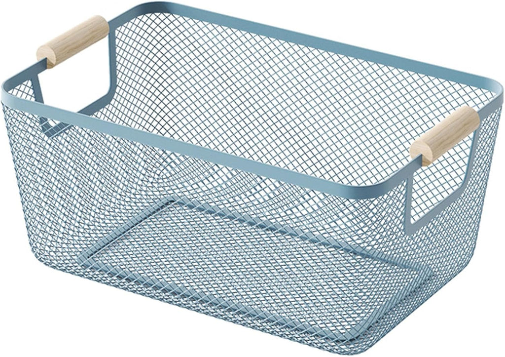 AJIODA Metal Mesh Steel Basket, Medium Wire Storage Organizer Basket Multi-function Hanging Kitchen Basket with Wood Handle for Kitchen Bathroom Picnic Home, Rectangle-Blue