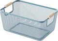 AJIODA Metal Mesh Steel Basket, Medium Wire Storage Organizer Basket Multi-function Hanging Kitchen Basket with Wood Handle for Kitchen Bathroom Picnic Home, Rectangle-Blue