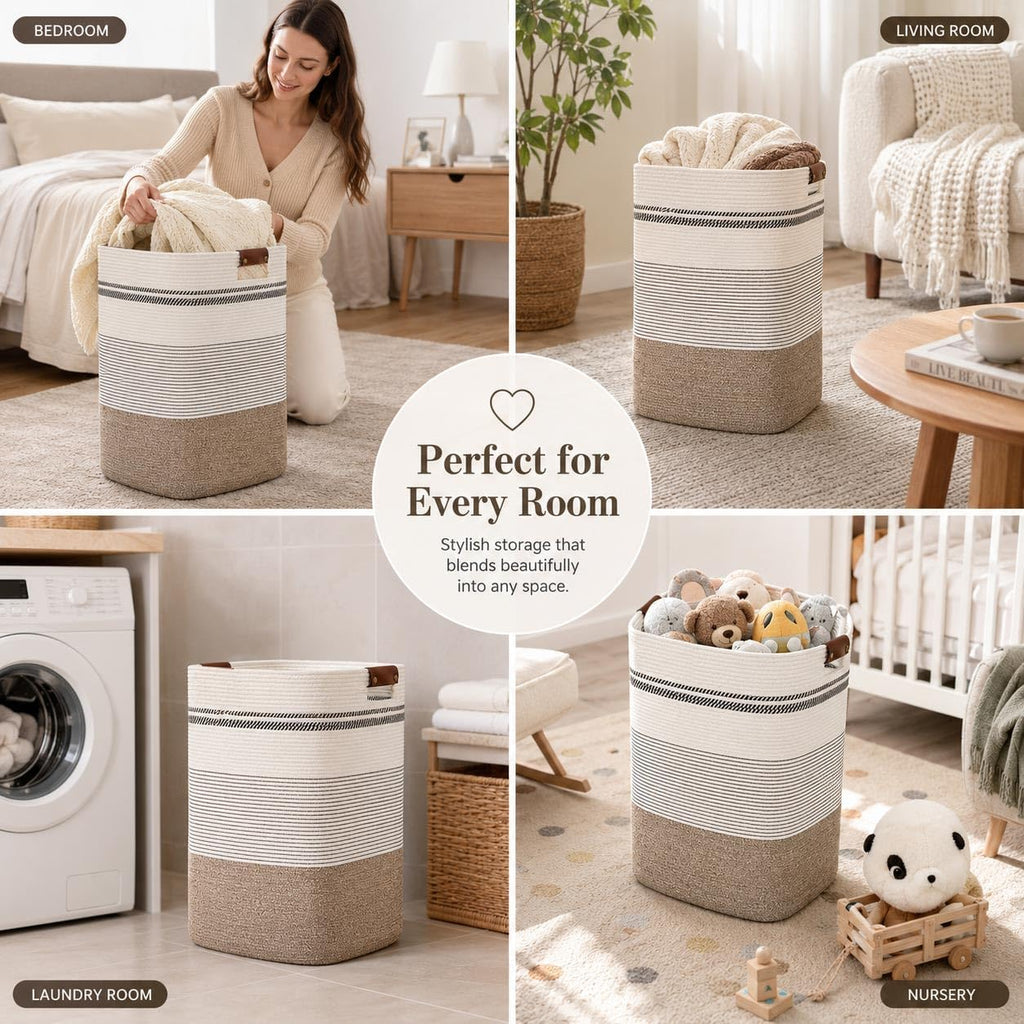 Laundry Hamper, Cotton Rope Laundry Basket with Leather Handles, 22.5-Gallon/85 L Large Clothes Hampers for Laundry, Woven Laundry Baskets for Blankets, Clothing, Bedroom, Living Room, Nursery