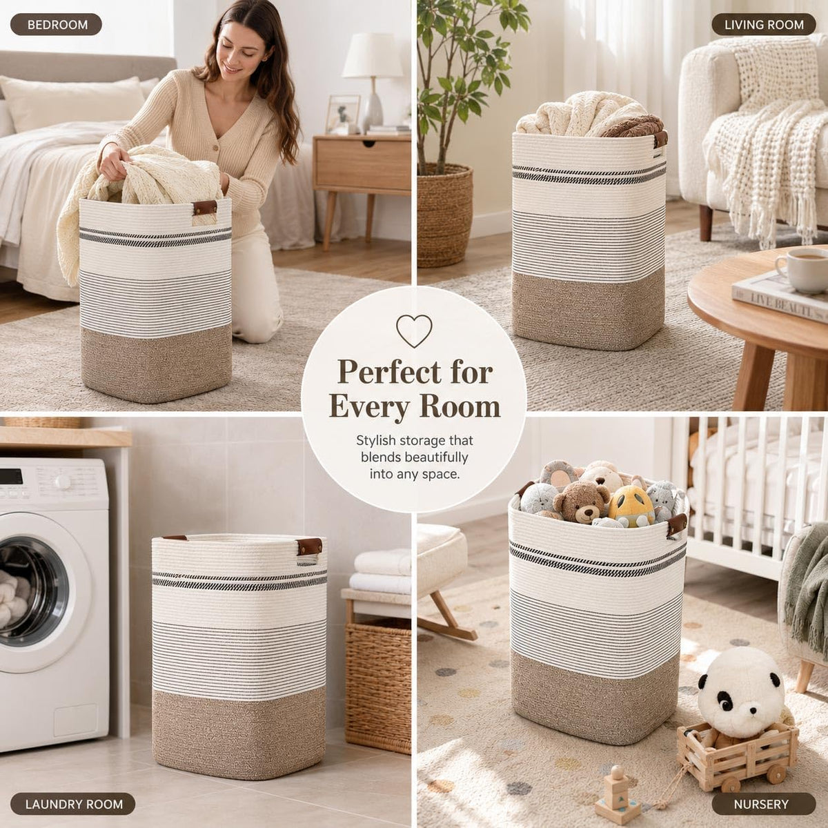 Laundry Hamper, Cotton Rope Laundry Basket with Leather Handles, 22.5-Gallon/85 L Large Clothes Hampers for Laundry, Woven Laundry Baskets for Blankets, Clothing, Bedroom, Living Room, Nursery