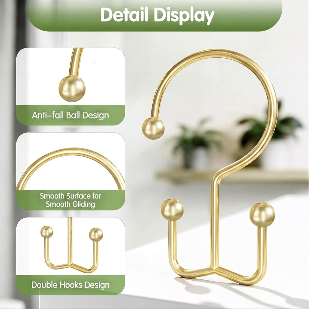 OEH Shower Curtain Hooks, Metal Shower Curtain Rings, Gold Shower Curtain Hooks Rust Proof, Double Shower Rings for Curtain, Easy Install Anti-Drop Shower Hooks for Shower Curtain (Gold, 12 Pack)