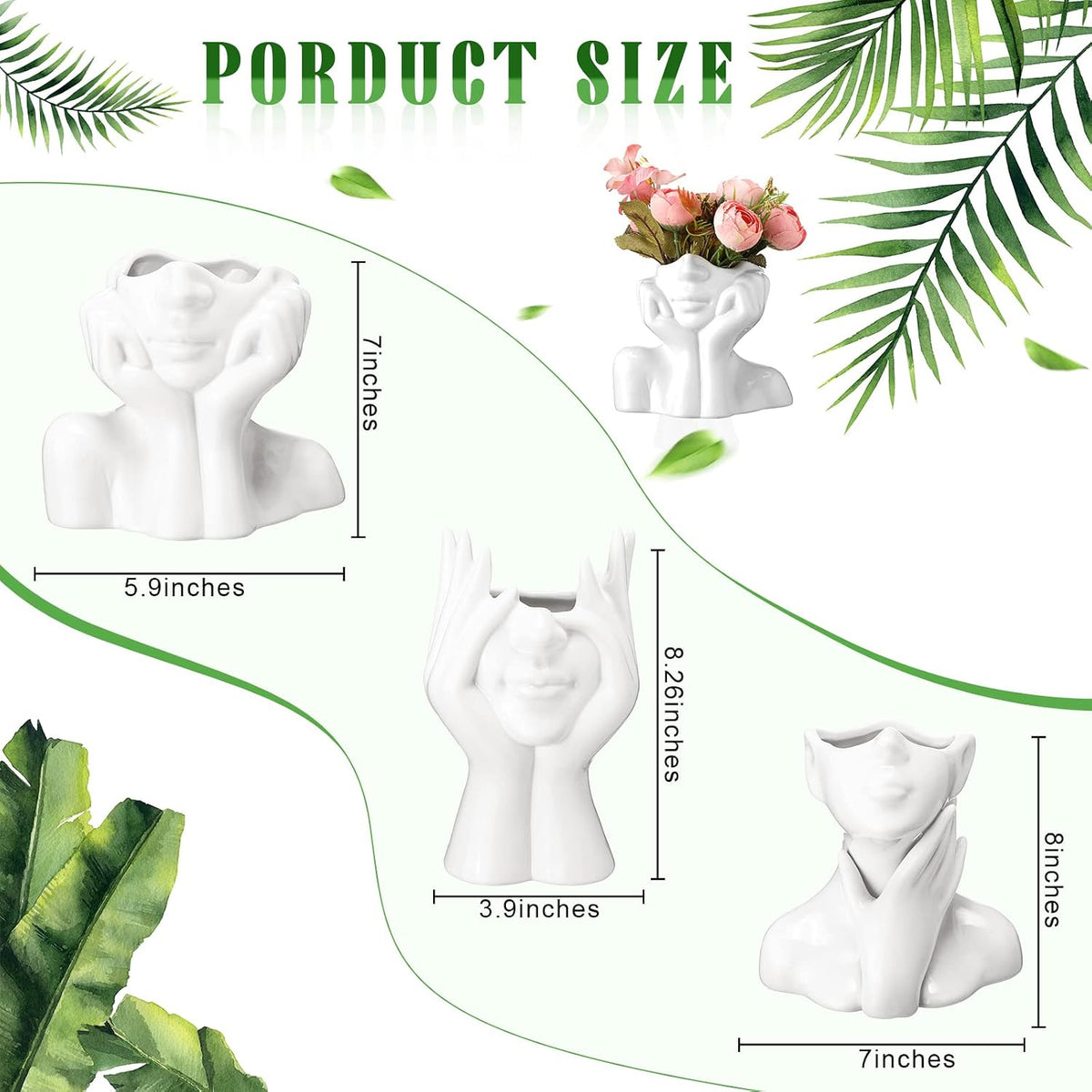 Sieral 3 Pcs Ceramic Face Vase Female Form Body Flower Vase, Large, White
