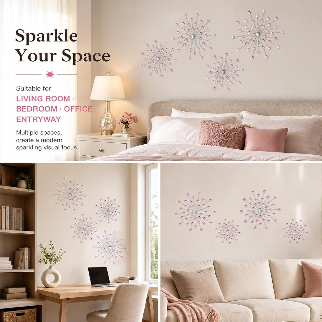 ZEXUIRU 4 Set Silver Starburst Wall Art for Home Decor Metal Bling Crystal Rhinestones Sunburst Wall Decor Sparkling Rhinestone Art Accent Silver - 13 in