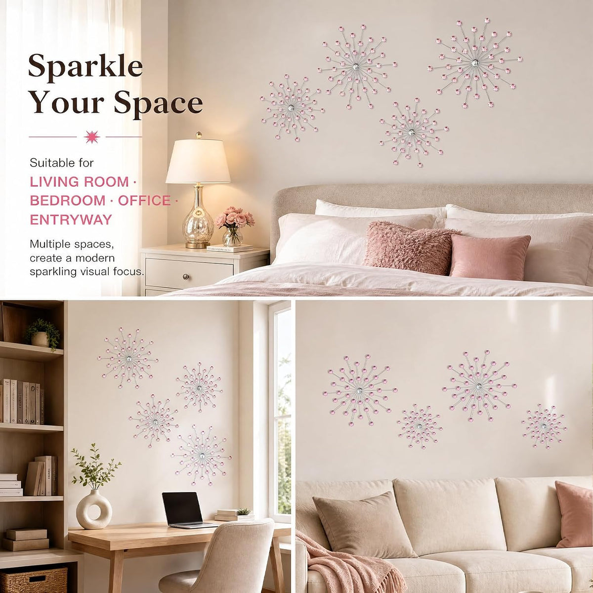 ZEXUIRU 4 Set Silver Starburst Wall Art for Home Decor Metal Bling Crystal Rhinestones Sunburst Wall Decor Sparkling Rhinestone Art Accent Silver - 13 in