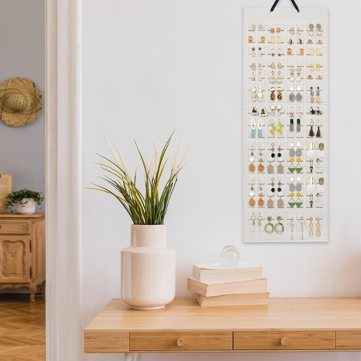 Lolalet Hanging Earring Holder Organizer with 20 Hooks for Women, Earring Organizer Wall Earrings Hanger Pierced Earring Storage, Felt Stud Earring Display, 608 Holes for Earrings- Beige, 1 Pack