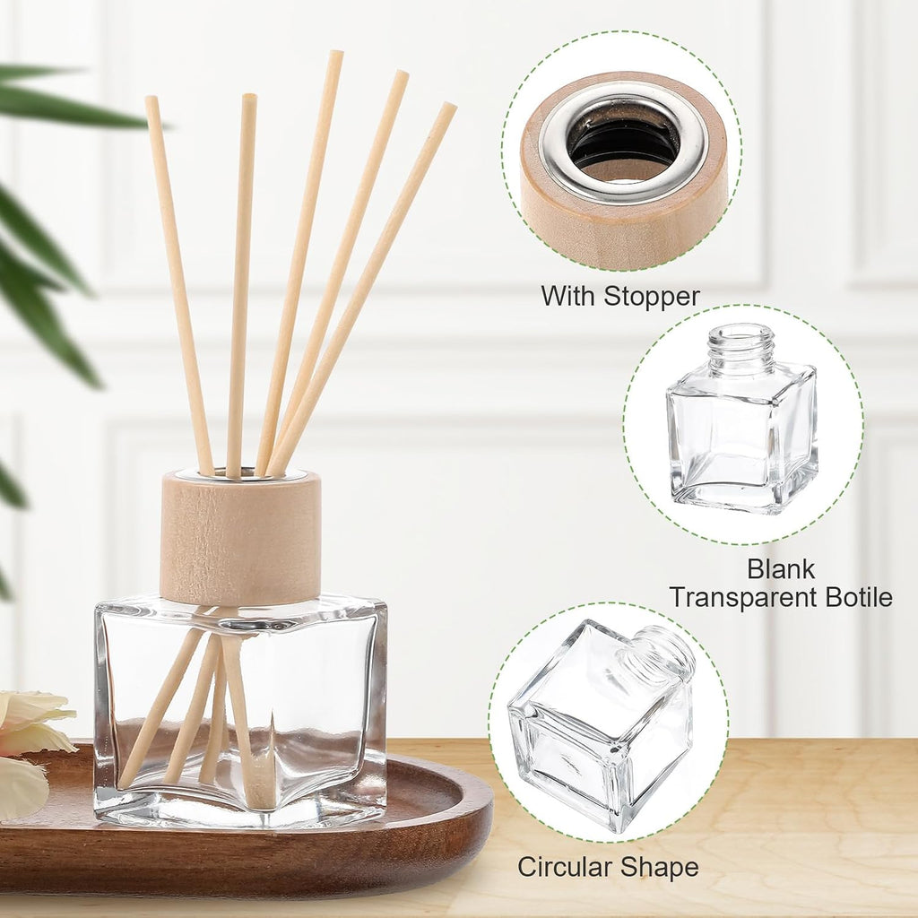 12 Set Reed Diffuser Bottle Empty Fragrance Glass Diffuser Bottles Refillable Diffuser Bottles Set with Wooden Caps Rattan Sticks 50ml 1.7 Oz Glass Jars for Home