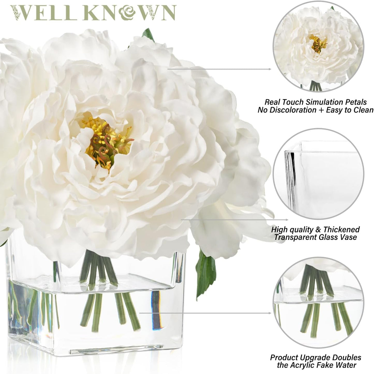 Artificial Peonies Flowers Arrangement in Cube Glass Vase, WELLKNOWN Ivory White Silk Flowers Centerpiece for Home Party Wedding Dining Coffee Table Decor, Faux Peony Flower Bouquet with Fake Water