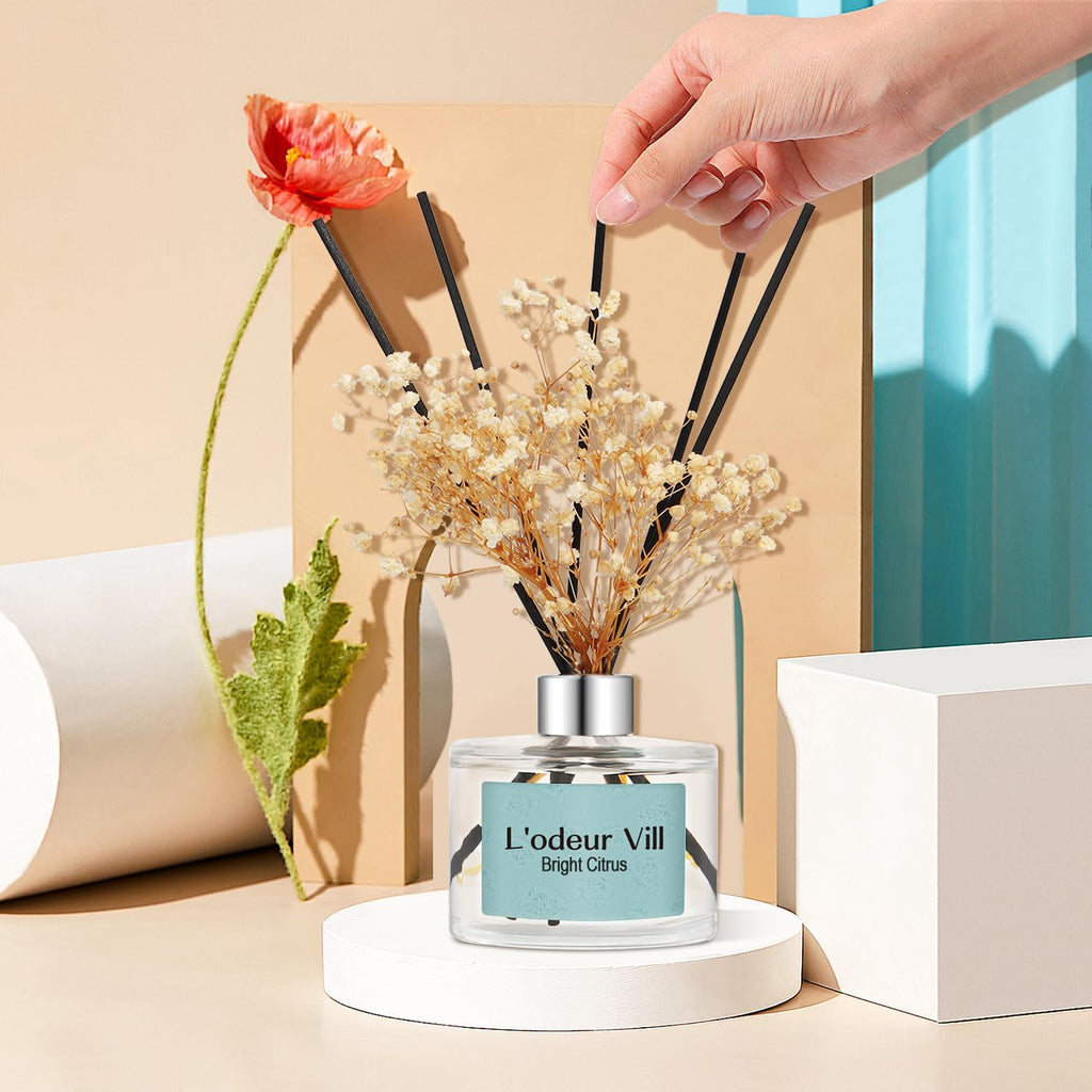L'odeur Vill Reed Diffuser Set, 6.7 oz(200ml) Bright Citrus Scented Diffuser with 6 Oil Diffuser Sticks, Home Fragrance Essential Oil Reed Diffuser for Home Large Rooms Bathroom Shelf Decor