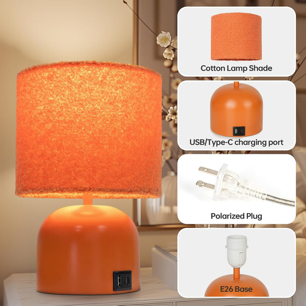 Table Lamp for Bedroom, Bedside Lamps for Nightstand, Minimalist Night Stand Light Lamp with Type-C and USB Ports, Modern Desk Table Lamp for Bedroom, Living Room, Dining Room, Office (Orange)