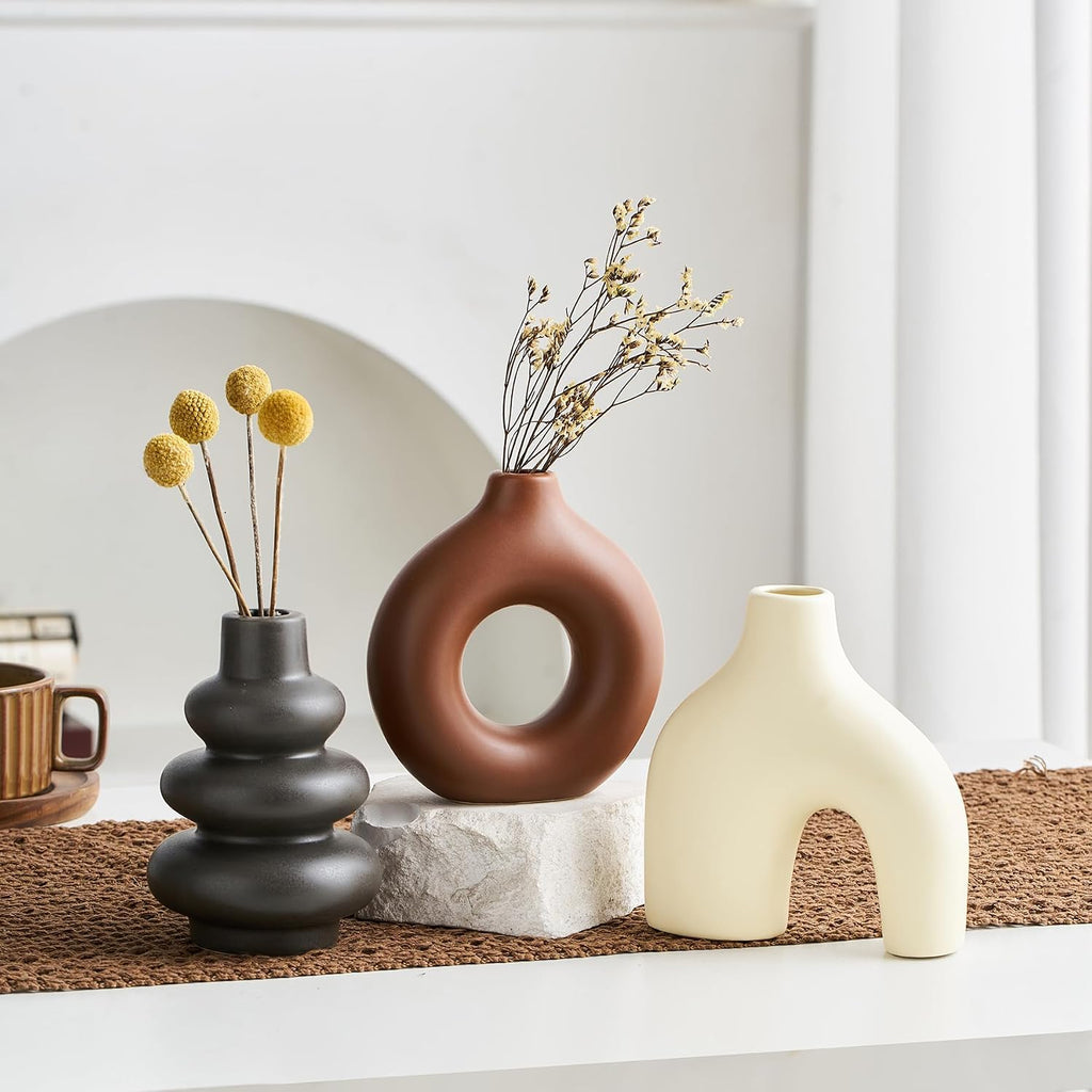 Boho Ceramic Vase Set of 3, Rustic Flower Vases for Pampas Grass
