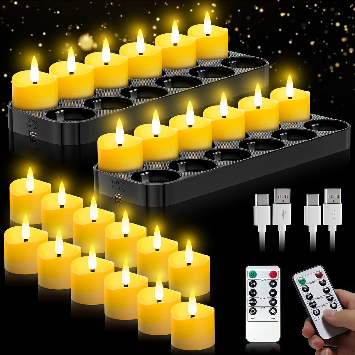 YiaMia USB-C Rechargeable Tea Lights with Charging Base 12 Pack