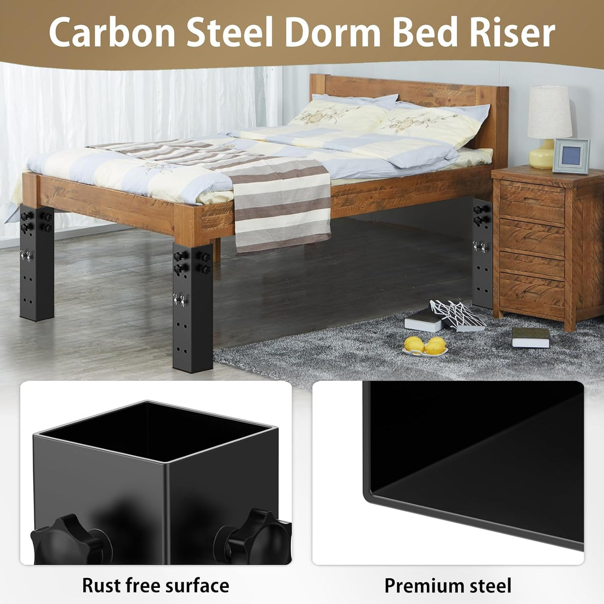 Up Grade 4 Pack Carbon Steel Dorm Bed Riser 2.4" Diameter Metal Bed Riser for Square Wooden Bed Frame, Table Adjustable to 3.2", 5.1", 8.1" or 11.2" Height (for Bed Leg 2.3-3.1")
