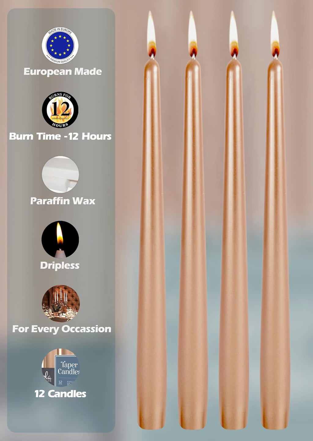 Hyoola 12 Pack Tall Metallic Taper Candles - 14 Inch Copper Metallic, Dripless, Unscented Dinner Candle - Paraffin Wax with Cotton Wicks