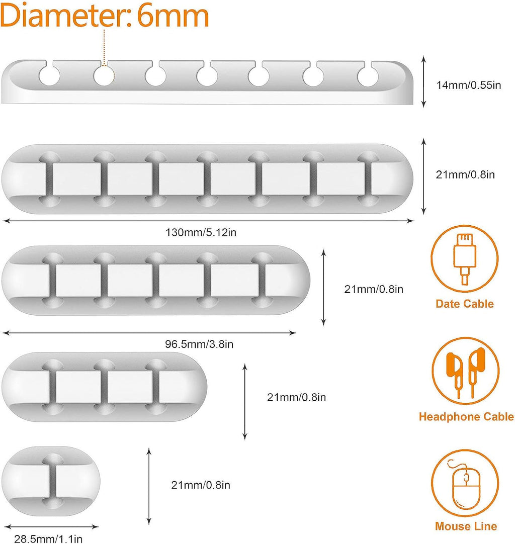 TviewSmart Cord Organizer for Desk, 5 Pack Cord Holders, Cable Clips, White