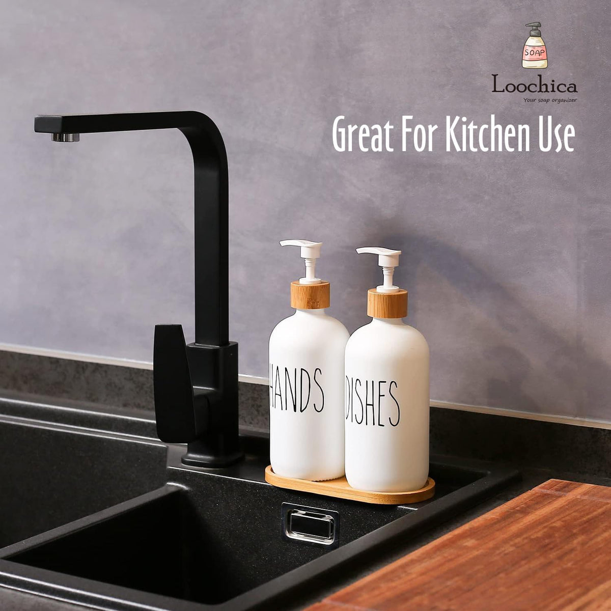 LOOCHICA Glass Soap Dispenser Set with Tray, Contains Glass Hand Soap Dispenser and Glass Dish Soap Dispenser. Matte White soap Dispenser Suitable for The Kitchen Soap Dispenser, Rustic Kitchen Decor