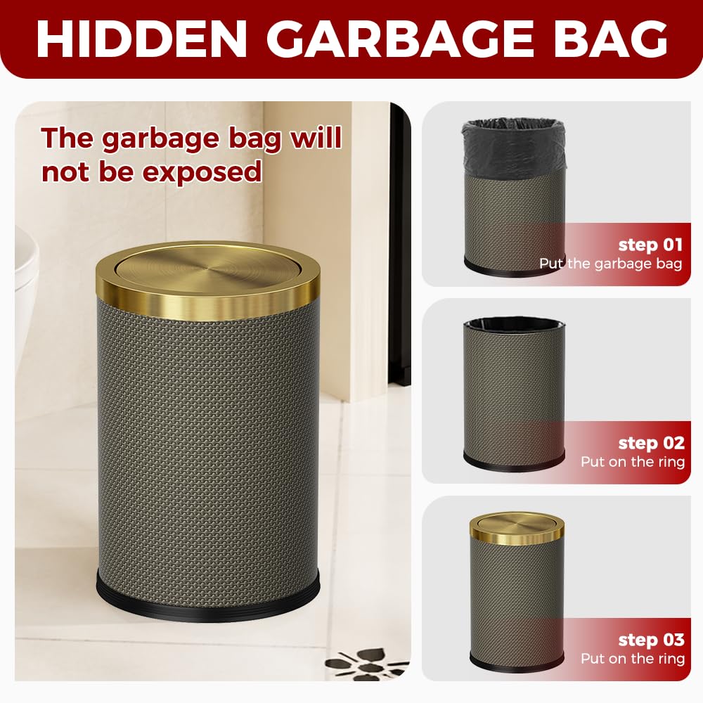 9L/2.4gal Bathroom Trash Can,Brass Trash Can,Swing Lid