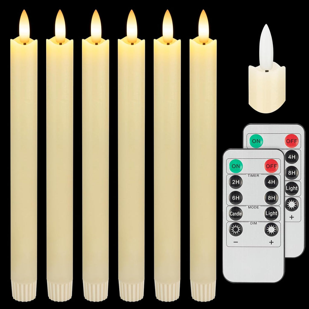Real Wax Flameless Taper Candles with Remote Timer,Battery Operated LED Candles Set with 3D Flickering Flame,9.6" Ivory Realistic Dripless Candlesticks for Wedding Home Decor,6 Pack