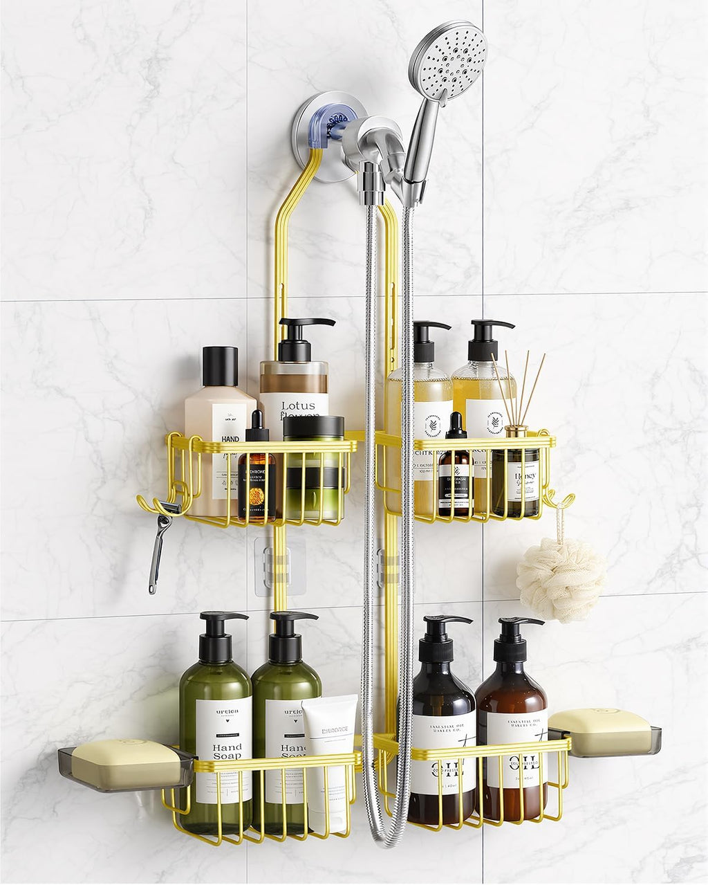 Adjustable Shower Caddy Hanging - Never Rust Shower Organizer Hanging, Aluminum Shower Racks for Inside Shower - Bathroom Organizers and Storage with 2 Soap Holders and 2 Removable Hooks Gold