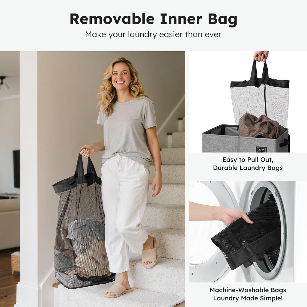 SOLEDI 180L Double Laundry Hamper with Lid and 2 Side Pockets, Dual Hamper