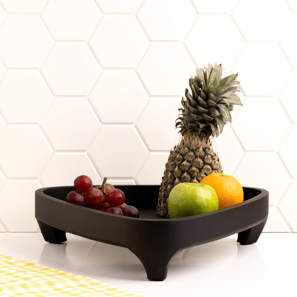 NIDOVA Mango wood pedestal fruit bowl, 13" each side, 3" high Large Fruit bowl for kitchen counter |Black Wooden bowl for entryway table or dining table centerpiece décor |Use as keybowl or for candy