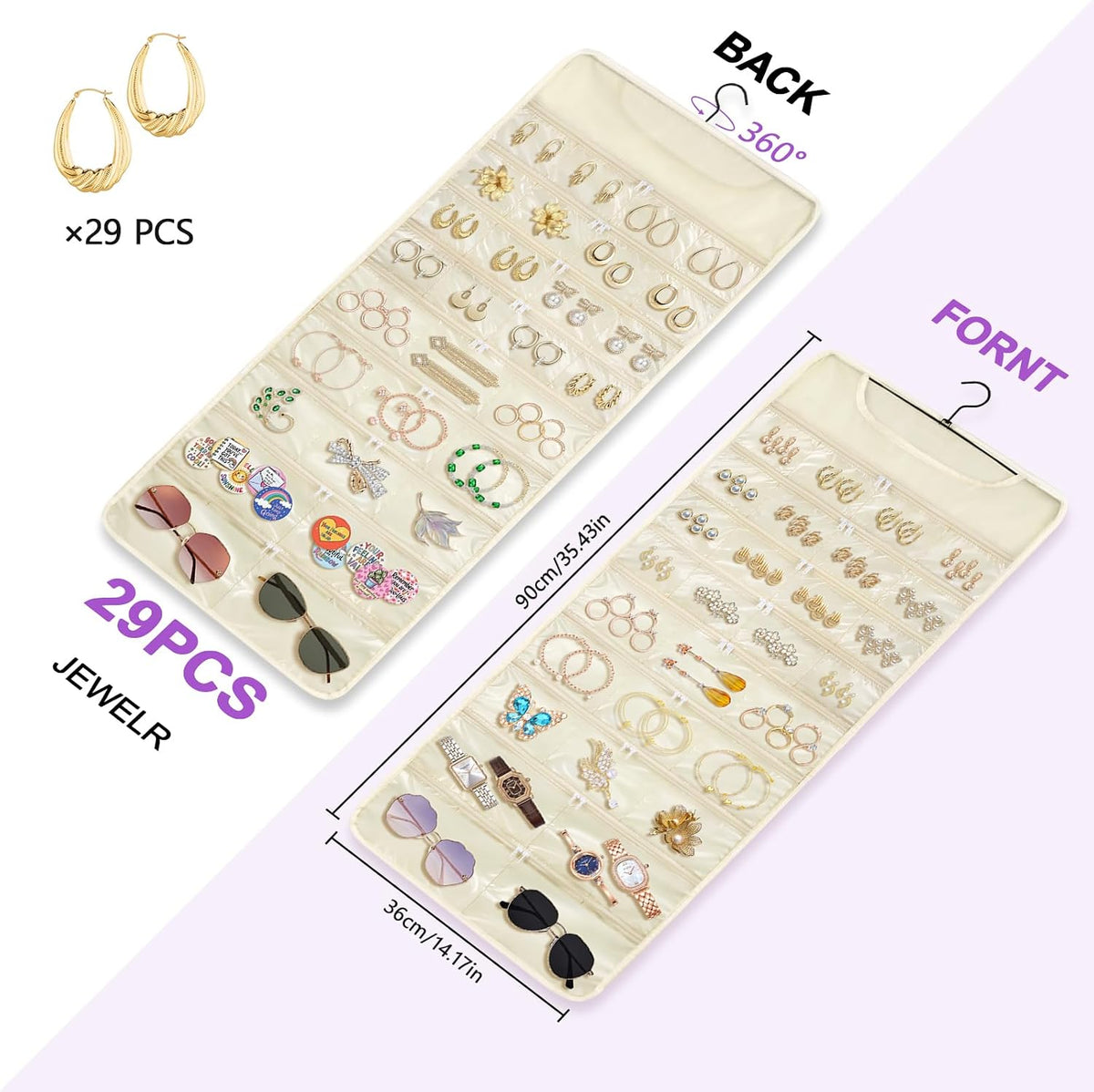 FOREGOER Hanging Jewelry Organizer 32 Zippered Pocket, 2-Sided, Beige