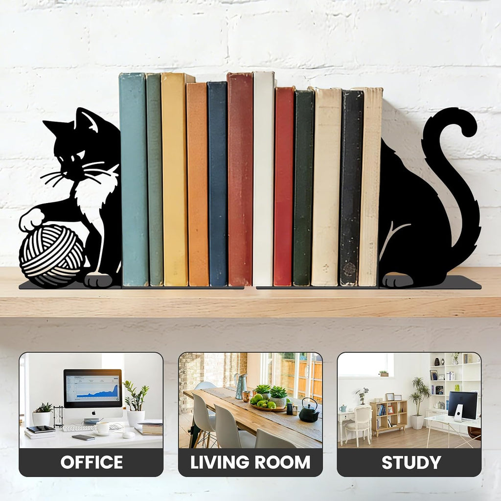 2pcs Cute Cat Metal Bookends Heavy Duty Adjustable Book Stopper for Shelves and Desk Decorative Cute Black Bookends for Heavy Books Cookbooks Vinyl Records with Non-Slip Pads