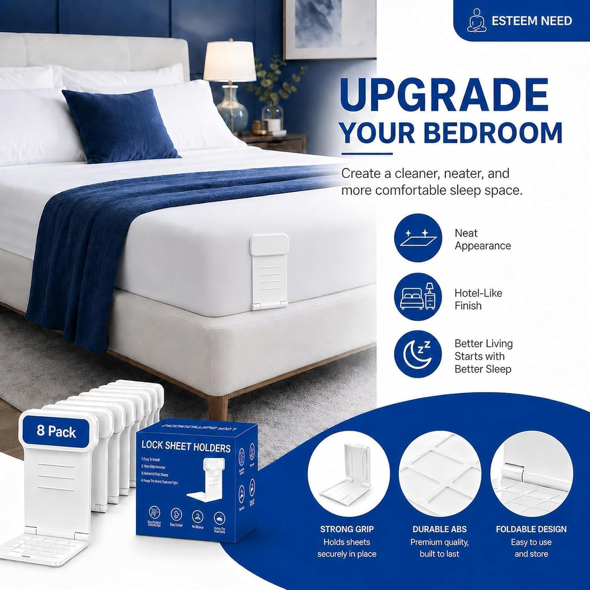 Bed Sheet Holders for Corners, Non-Slip Fitted Sheet Holders, Secure Corner Grippers Keep Sheets Firm & Tight, Easy Install for Fitted Sheets and Mattress Covers
