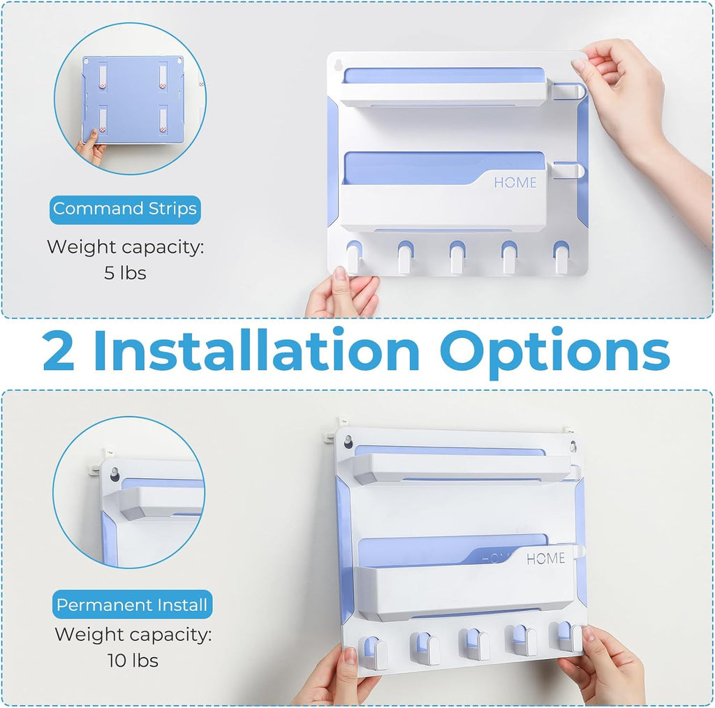 Bedside Shelf Wall Mount, Adhesive Bedside Shelf Accessories Organizer with Hooks and Cable Clips,Dorm Bedside Wall Storage for Phone, Remote, Earphone, Kindle,Plastic(White)