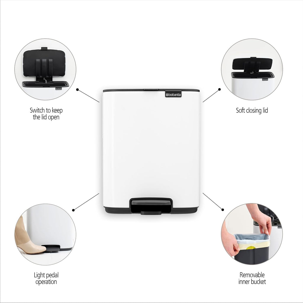 Brabantia Bo Small Step-On Trash Can | 1.8 Gal / 7L | Matt Steel Fingerprint Proof | Light-Pedal, Soft-Close, Bedroom, Bathroom, Nursery Trash Can, Removable Inner Bucket, Non-Slip Base | + Trash Bags