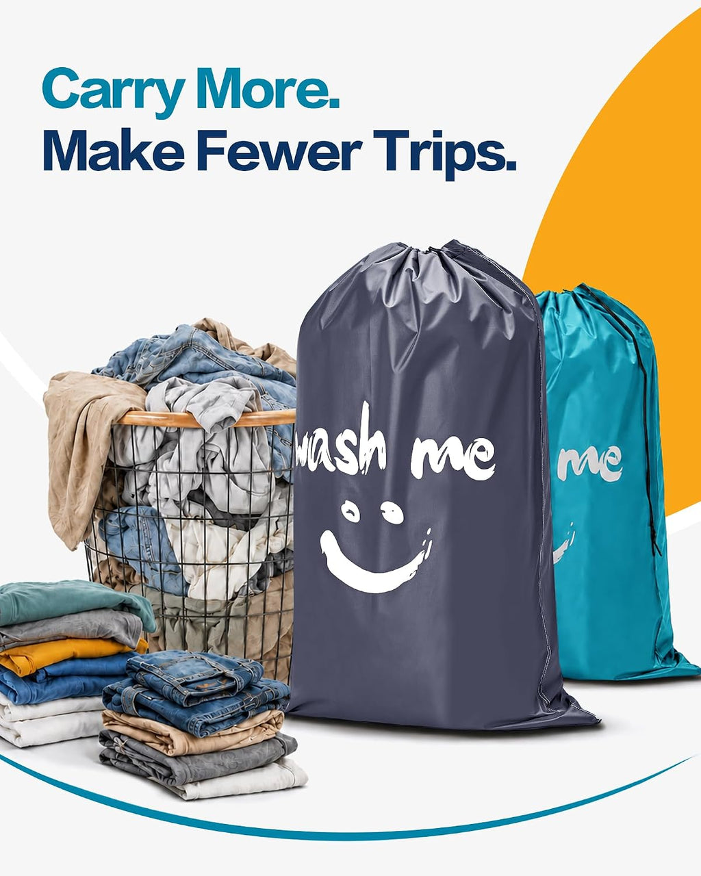 HOMEST 2 Pack XL Wash Me Travel Laundry Bag, Dirty Clothes Organizer, Large Enough to Hold 4 Loads of Laundry, Easy Fit a Laundry Hamper or Basket, Grey