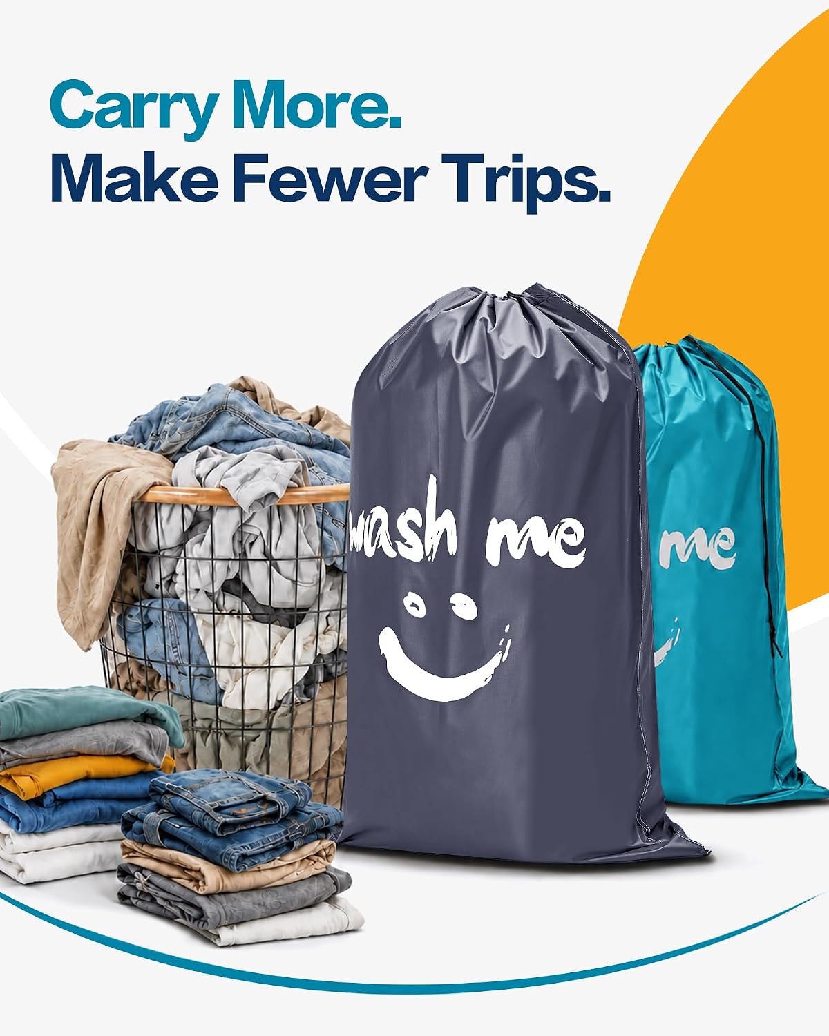 HOMEST 2 Pack XL Wash Me Travel Laundry Bag, Dirty Clothes Organizer, Large Enough to Hold 4 Loads of Laundry, Easy Fit a Laundry Hamper or Basket, Grey