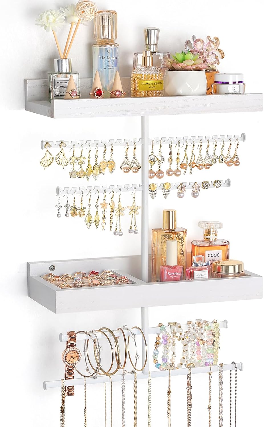Keebofly Wall Mounted Jewelry Organizer with 2 Tired Shelves & Ring Holder- Jewelry Holder Wall Storage Display for Earrings, Necklace, Bracelet, Hair Accessories for girls in Bathroom Bedroom, White